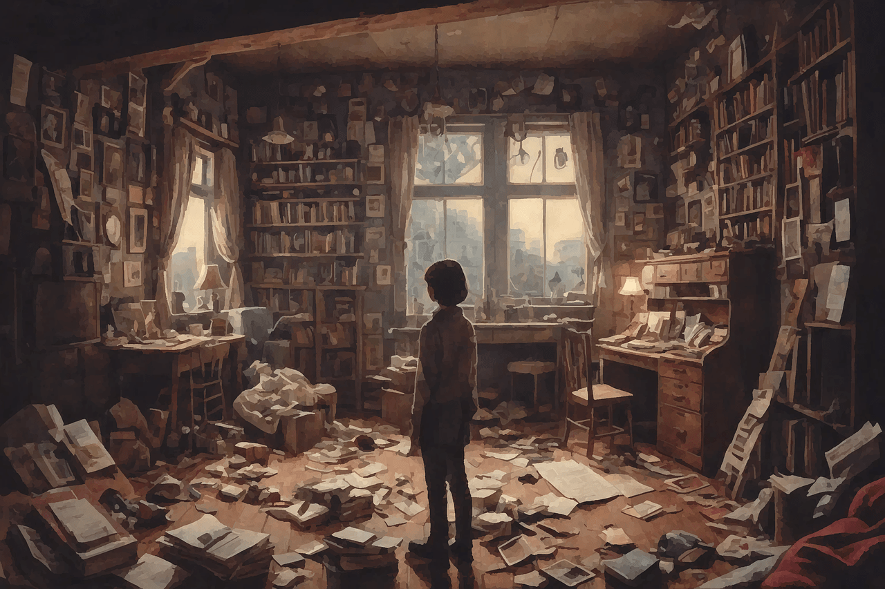 ai generated, room, messy, surreal, boy, chaos, workplace, office, meaningful, digital art